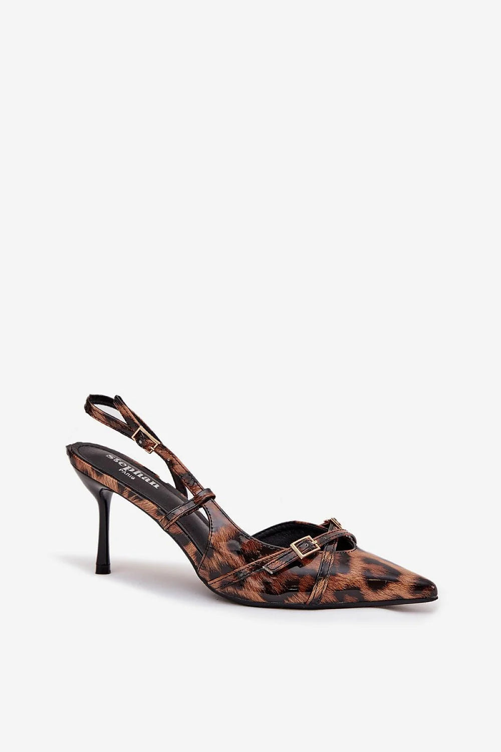escarpins femme slingback bout pointu talon aiguille 8cm imprimé léopard verni brides croisées boucles dorées réglable simili cuir élégant