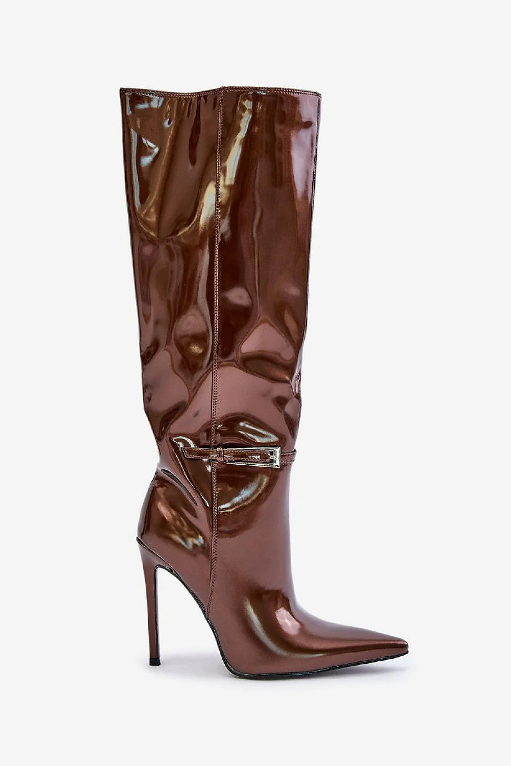 Bottes à talons aiguilles en cuir synthétique brillant pour femmes, style audacieux, couleur métallique brun, coupe haute, look élégant et moderne, soirée et occasions spéciales