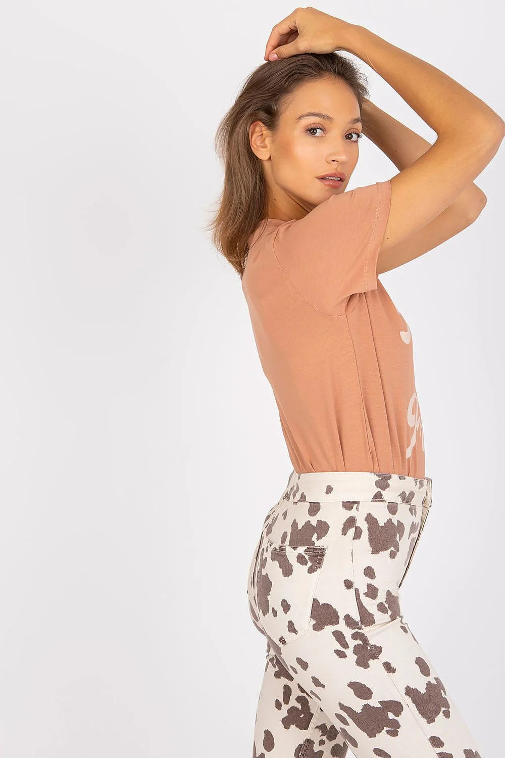 T-shirt Fancy pour femme manches courtes rose pastel texte cursive Pardon my French en coton 95% lycra 5% short denim taille haute femme