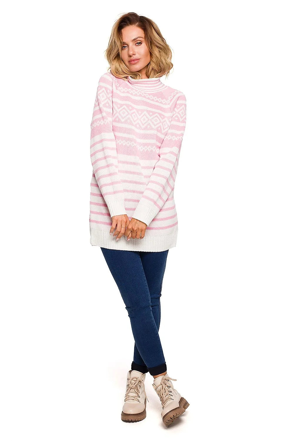 Pull en maille confortable ample motifs géométriques rose blanc col rond hiver pour femmes