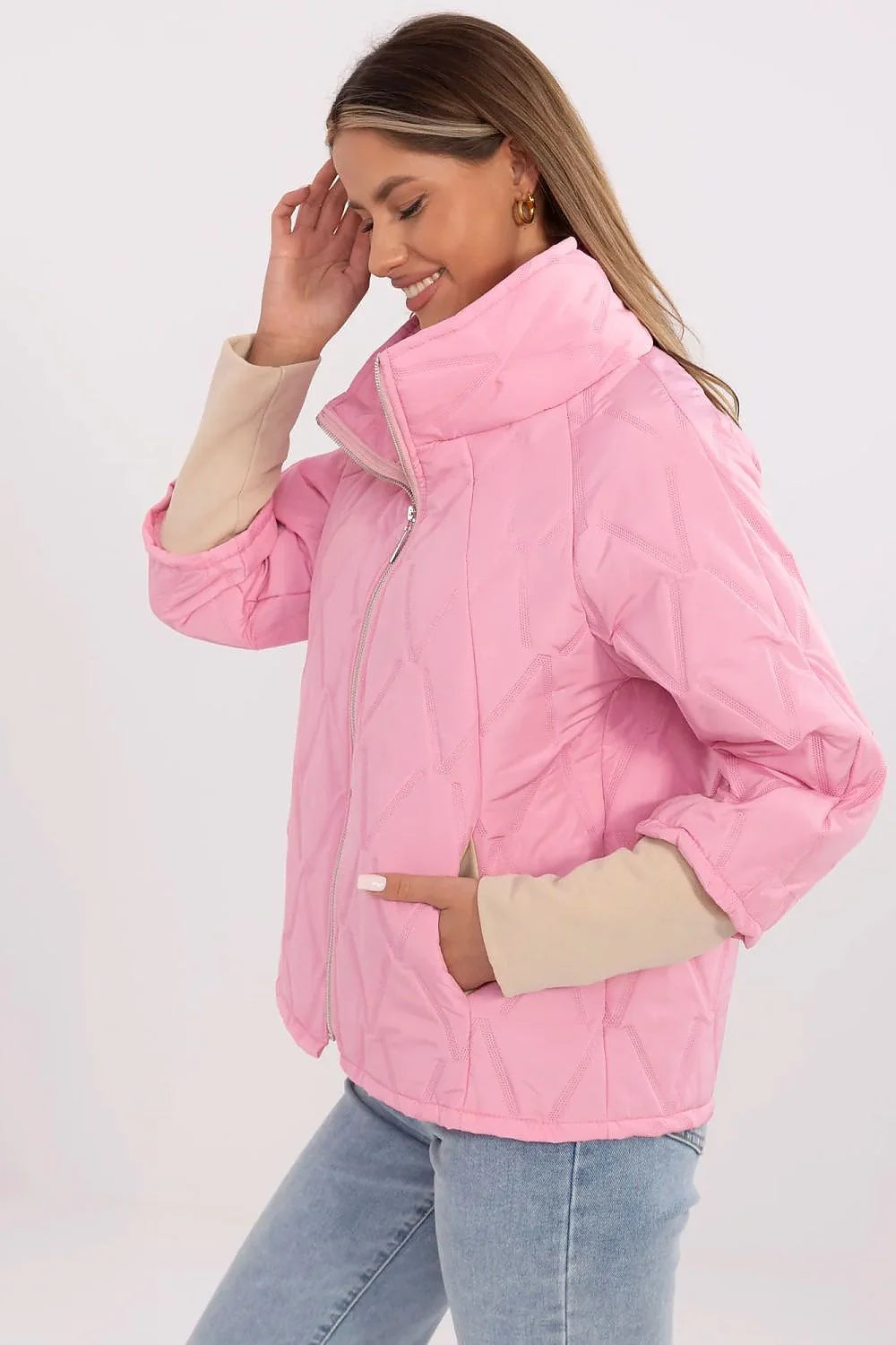 Veste Italy Moda rose matelassée losanges polyester veste de transition femme style décontracté tendance confortable pour quotidien automne hiver printemps