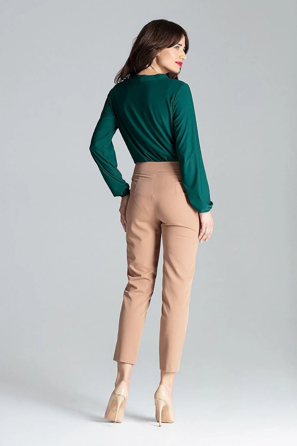 Pantalon femme cigarette 7/8 plis devant poches biais fermeture zip taille haute vert émeraude polyester viscose occasion professionnelle soirée