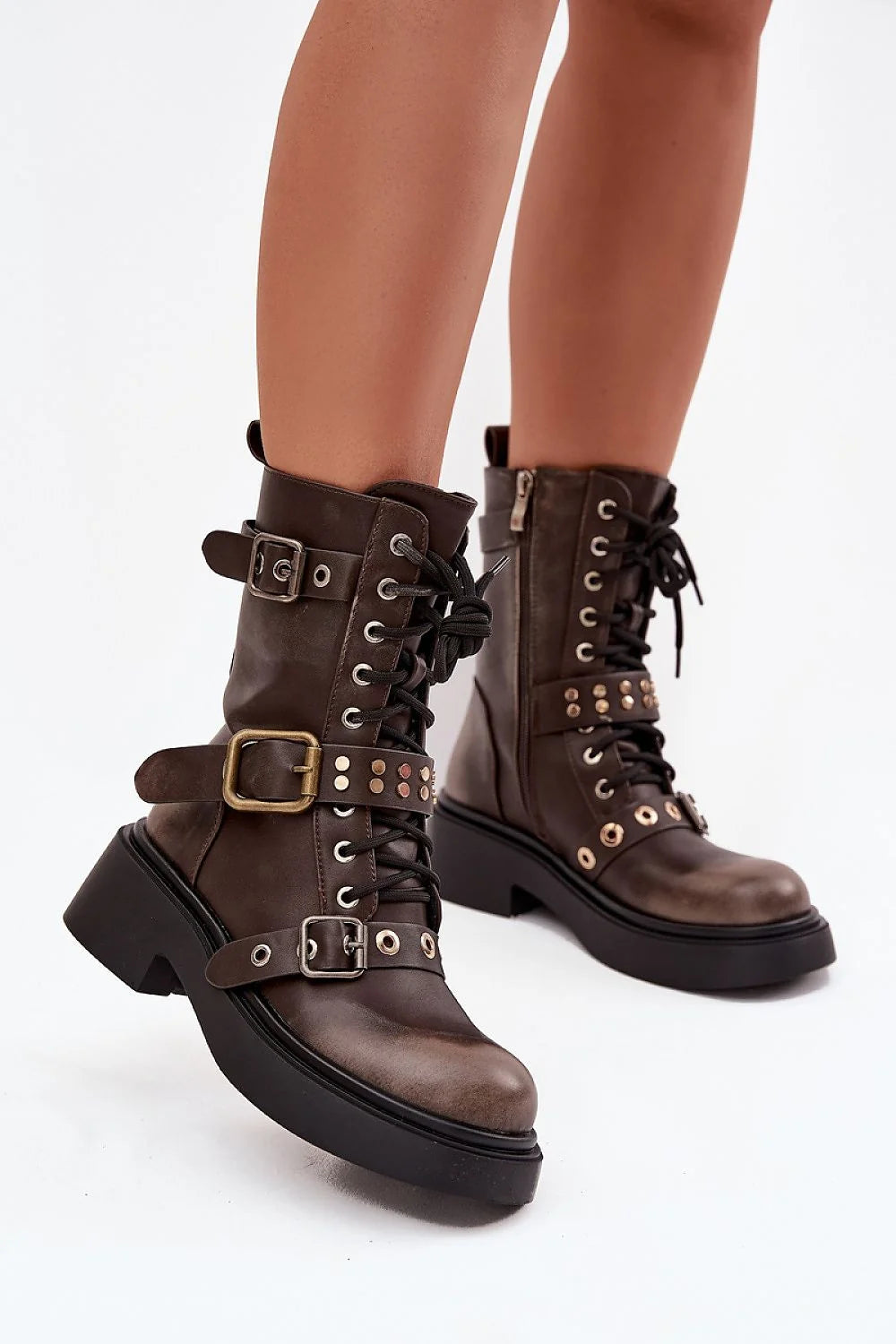 bottines femme biker cuir écologique patiné marron lacets zip latéral semelle plateforme épaisse talon bloc brides boucles réglables