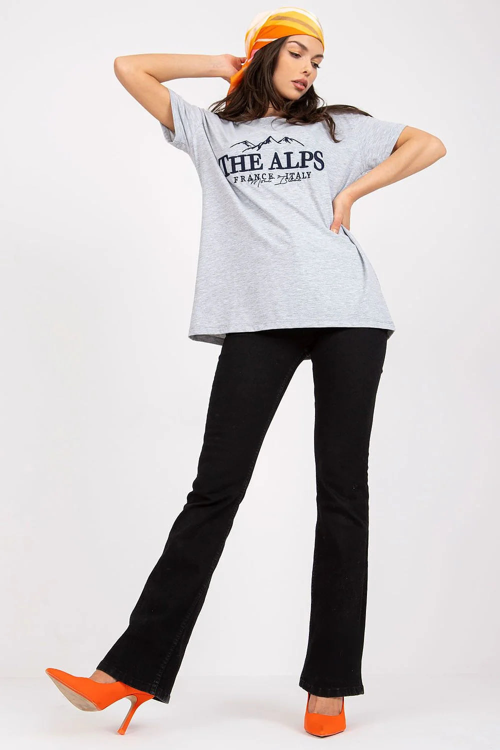 T-shirt Fancy pour femme vert profond imprimé THE ALPS France Italy montagnes graphique manches courtes col rond coton élasthanne