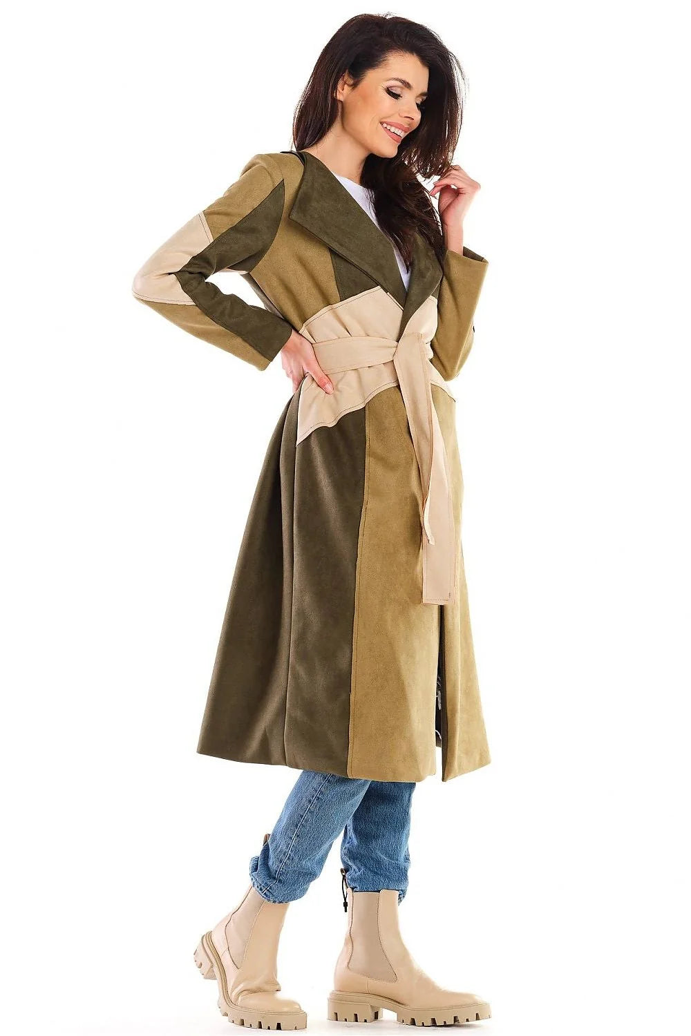 Manteau femme mi-long imitation daim élégant ceinture ajustable kaki beige style moderne automne