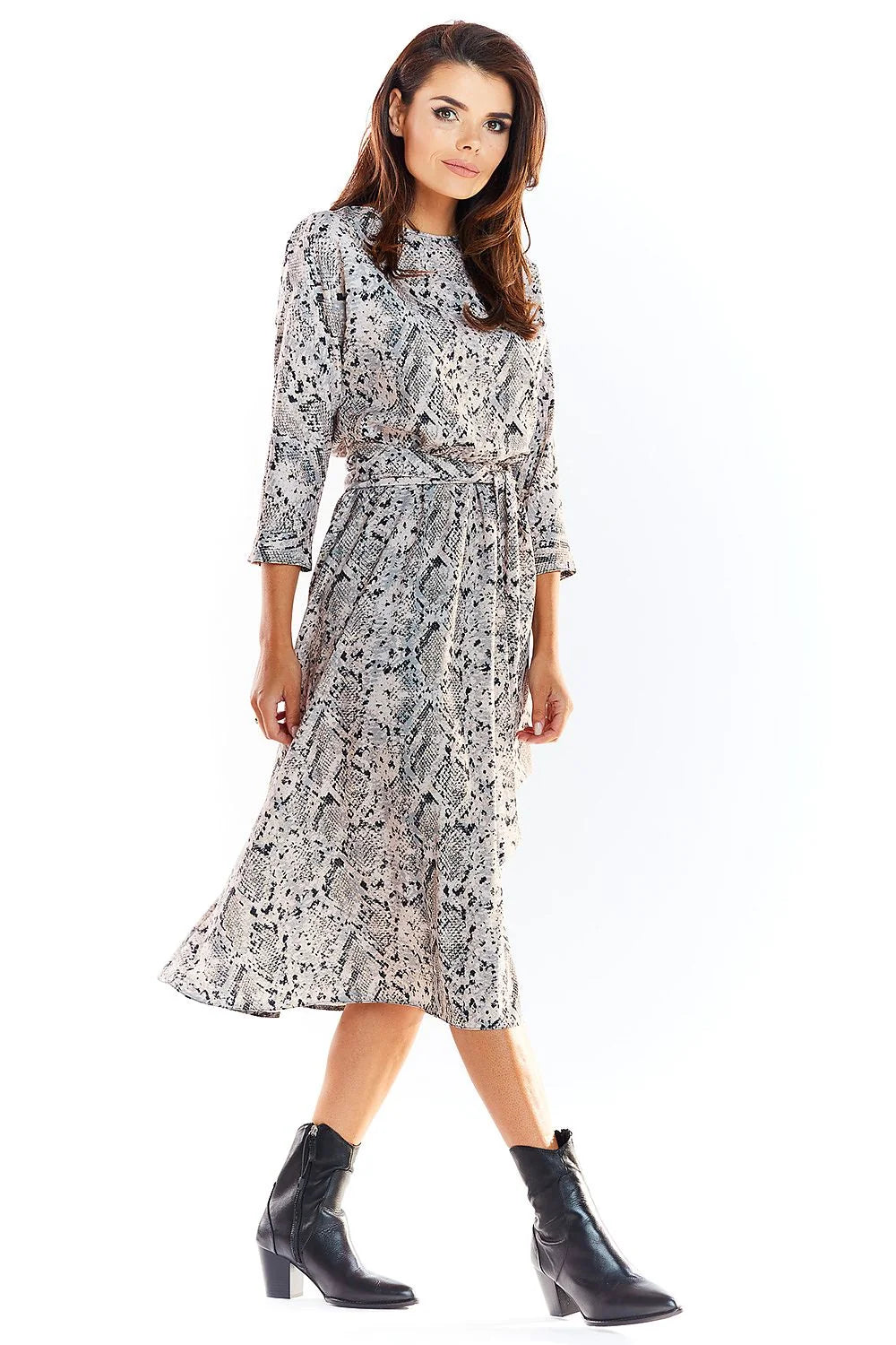 Robe longue polyester imprimé tropical élégante fluide ceinture à nouer manches trois-quarts pour femme moderne