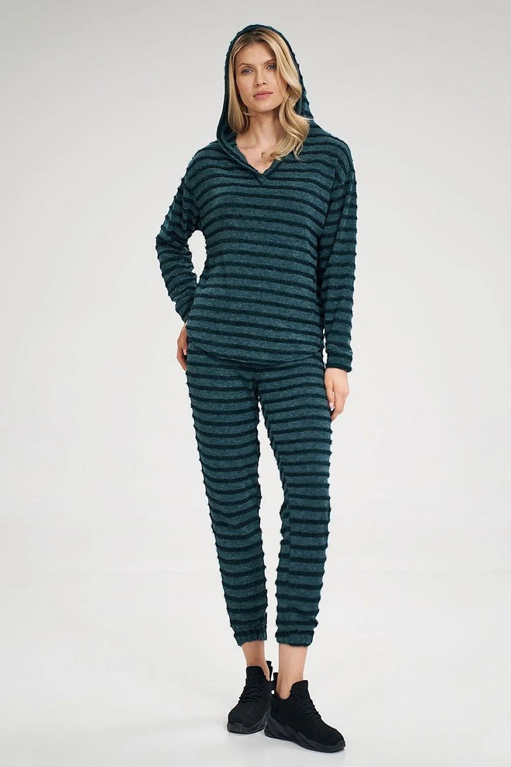 Ensemble mode survêtement femme confortable design décontracté col V manches longues ceinture élastique rayures vertes noires