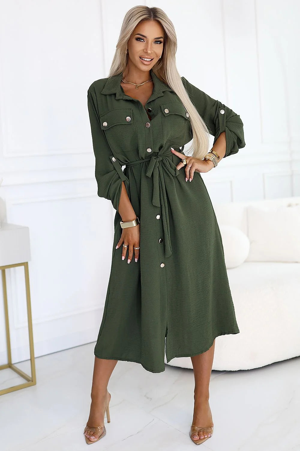 Robe de jour élégante Numoco Basic kaki manches longues boutons ceinture femme polyvalente occasion quotidienne travail soirée