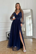 robe longue soirée bleu marine maxi tulle léger corsage cache coeur décolleté plongeant manches transparentes bouffantes