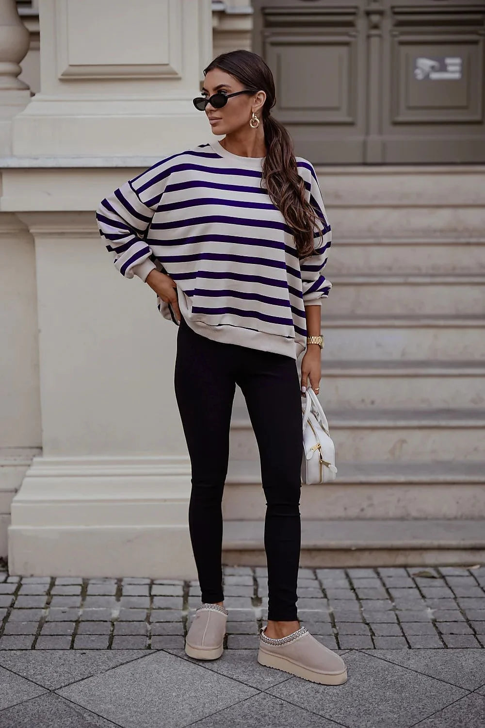 sweatshirt STREL rayures ecru bleu marine mariniere oversize femme coupe ample encolure ronde manches longues bouffantes jersey epais coton elasthanne