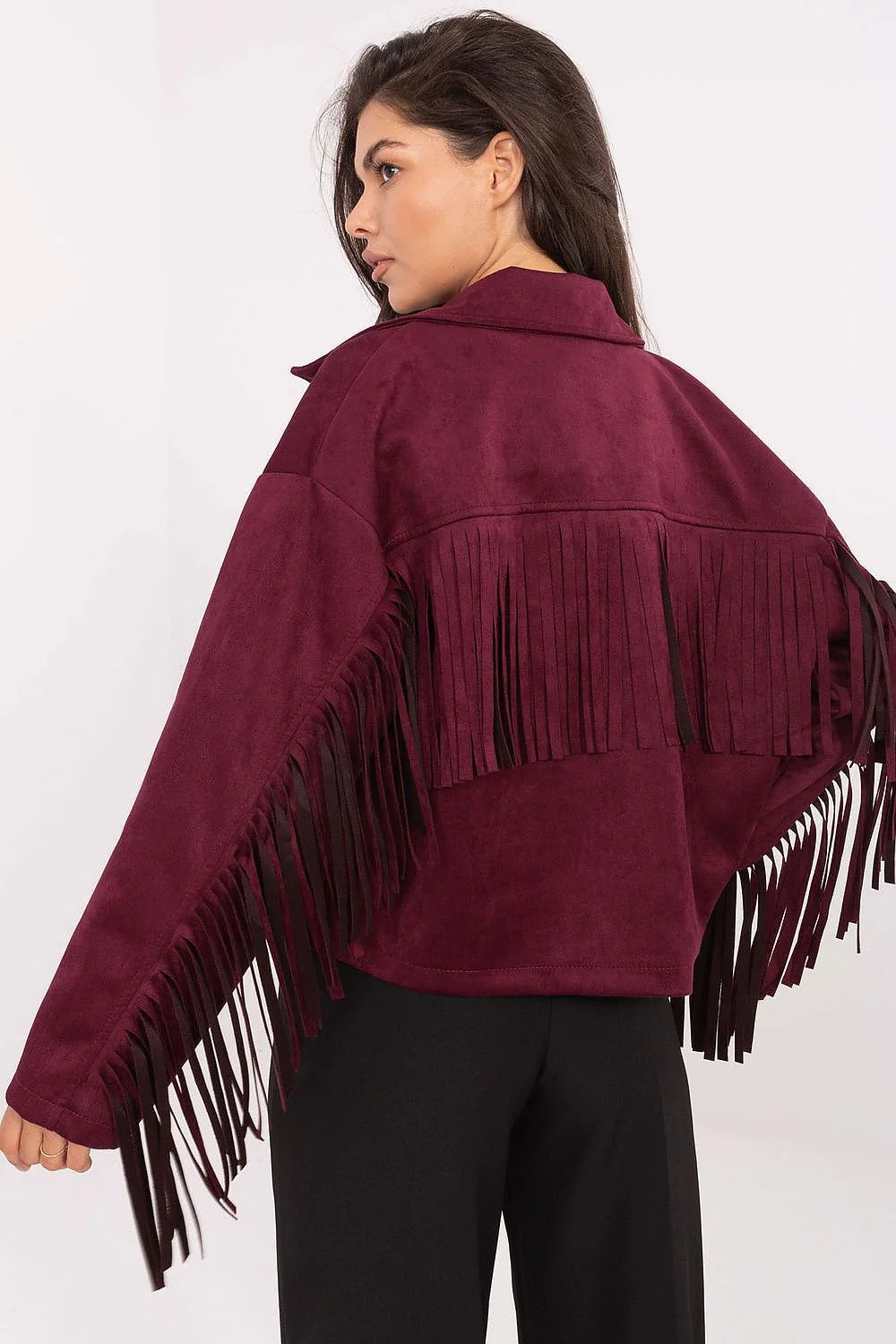 veste courte femme franges bohème western suédine bordeaux col tailleur boutons apparents boxy oversize manches longues boutonnée