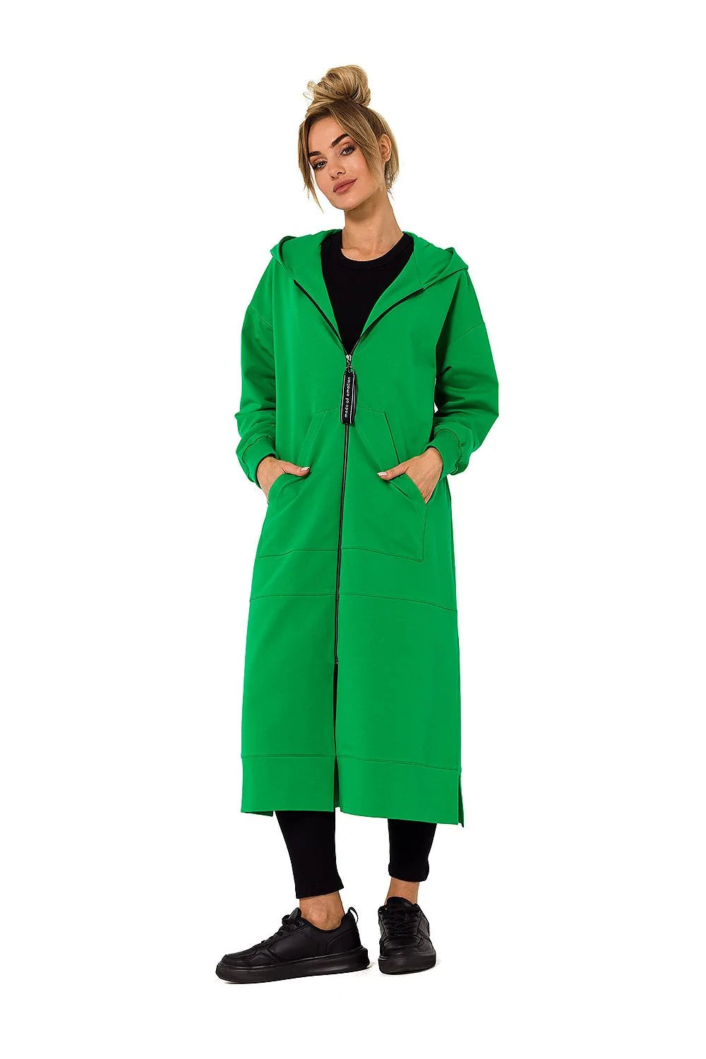 Sweatshirt longue femme hooded zippered poches casual moderne couleur vif vert vif coton élasthanne 90% 10%