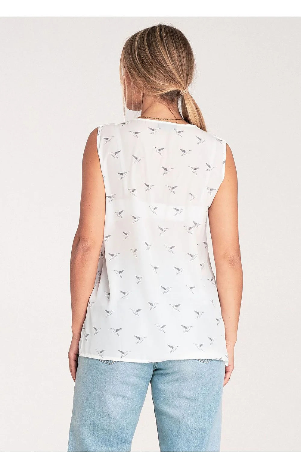 Chemisier Femme Élégant Sans Manches Polyester 100% Motifs Oiseaux Blanc Gris V-Neck Tailles S-M-L-XL