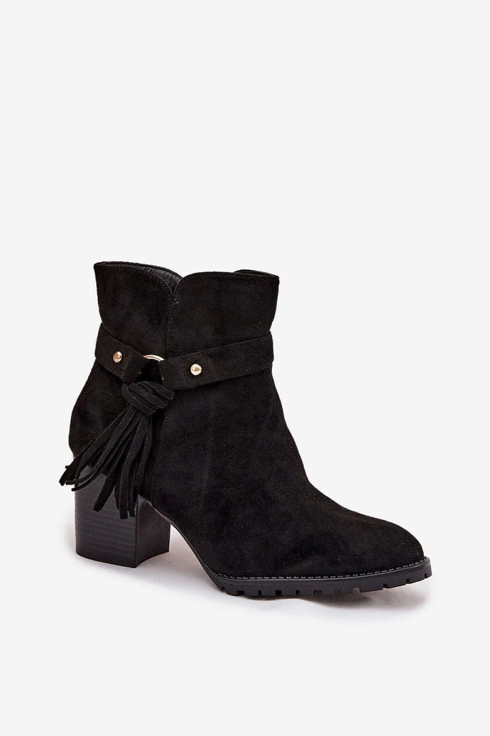 bottines femme noir suédine écologique bout arrondi talon 7cm semelle crantée antidérapante bride franges rivets fermeture zippée confort automne hiver