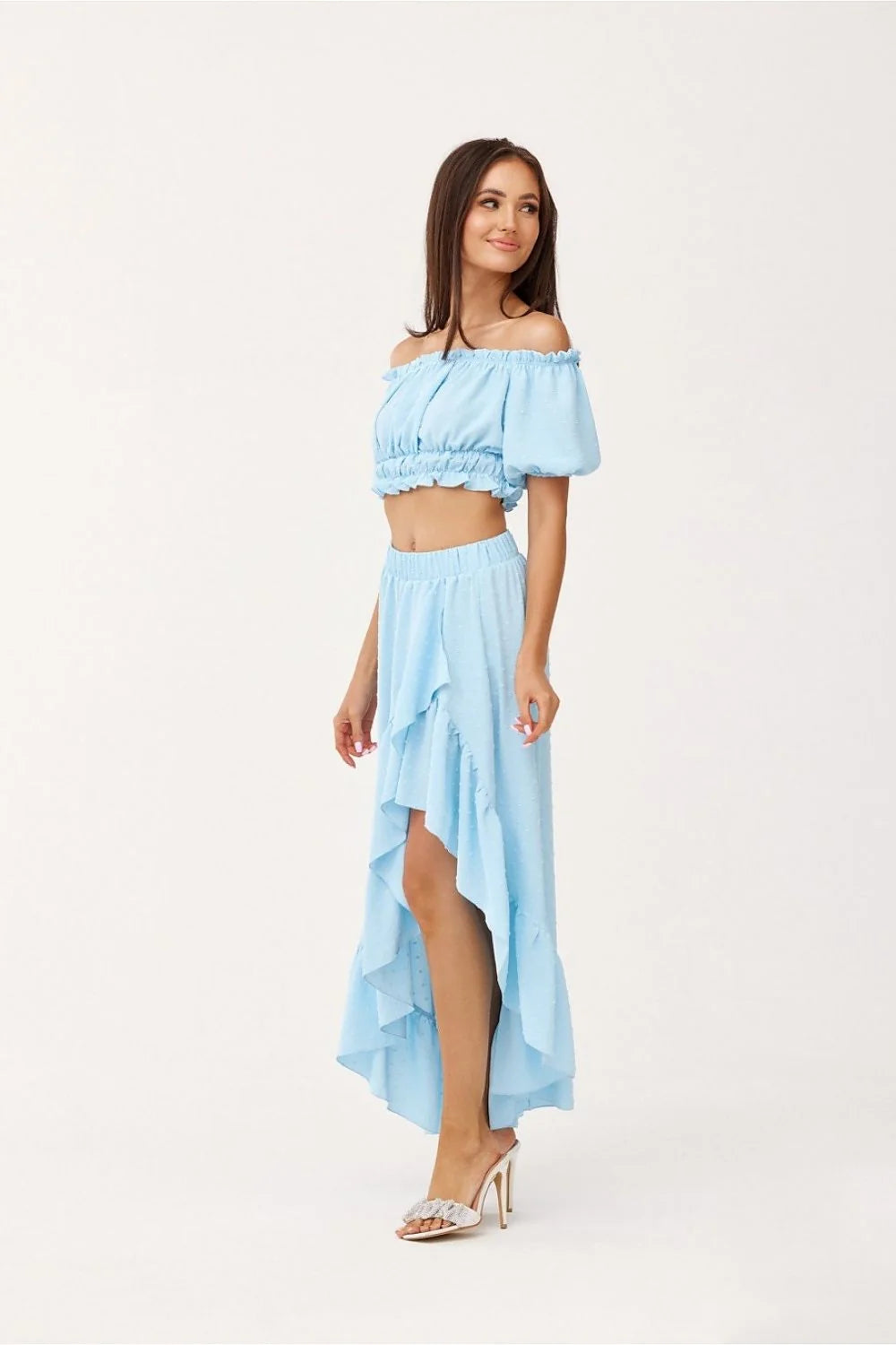 Ensemble Roco Fashion pour femmes chemisier jupe asymétrique épaules nues volants bleu clair coton respirant été décontracté
