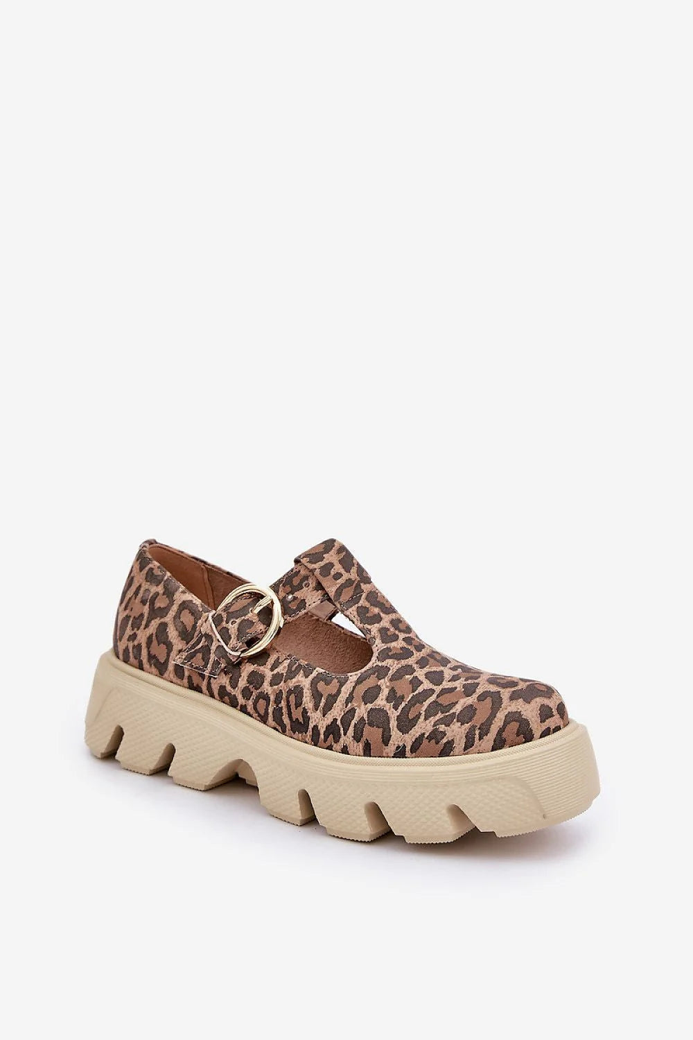 chaussures basses femme Mary Jane imprimé léopard cuir suédé bride T boucle dorée semelle crantée beige plateforme épaisse confortable antidérapante