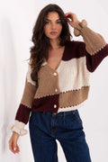 cardigan femme grosse maille coupe courte boxy col V larges rayures crème camel bordeaux boutons dorés manches bouffantes