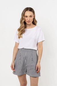 shorts rayures awama taille haute noir blanc verticales plis devant ceinture large élastique dos poches latérales tissu léger respirant
