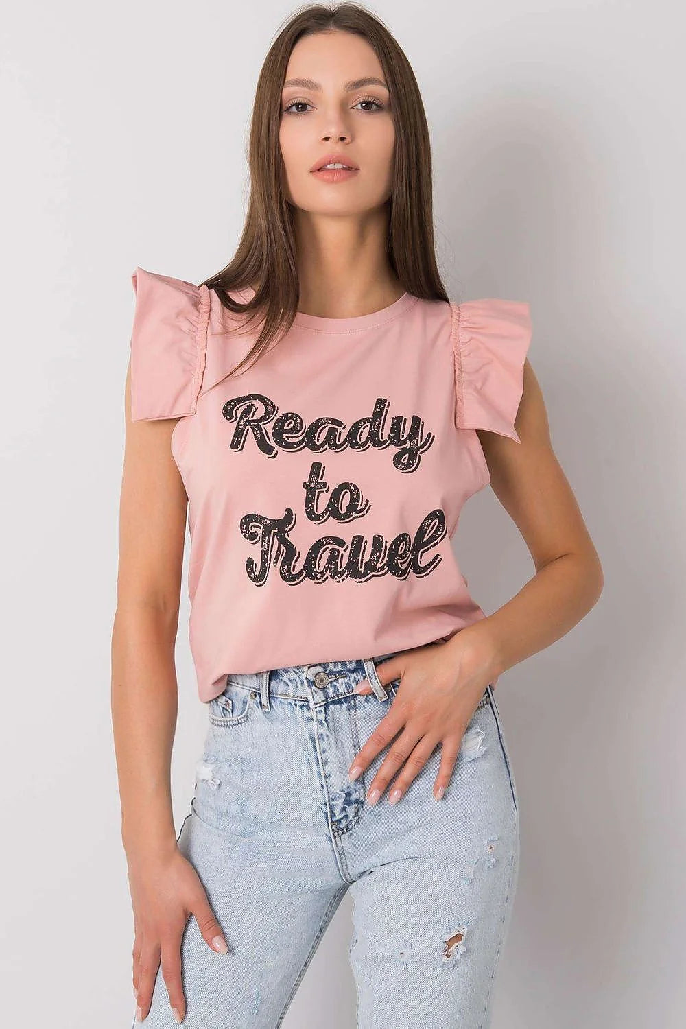 Top mode femme sans manches en coton graphique Ready to Travel ruffle neckline pastel yellow casual chic