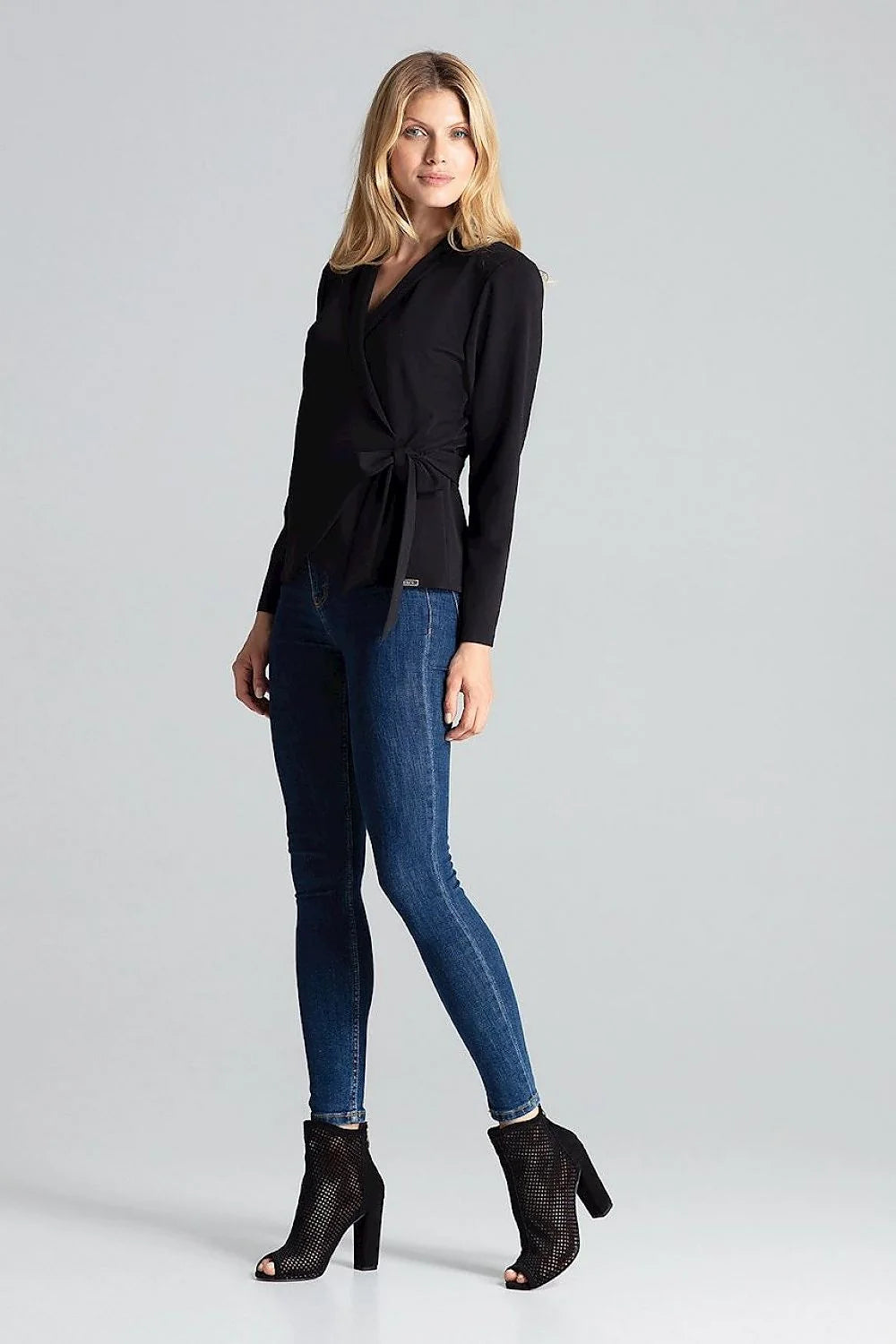 blouse chemisier figl noire cachecoeur mancheslongues encolureV ceinturenouée ajustée fluide stretch douce féminine bureau casual élégante sophistiquée polyvalente