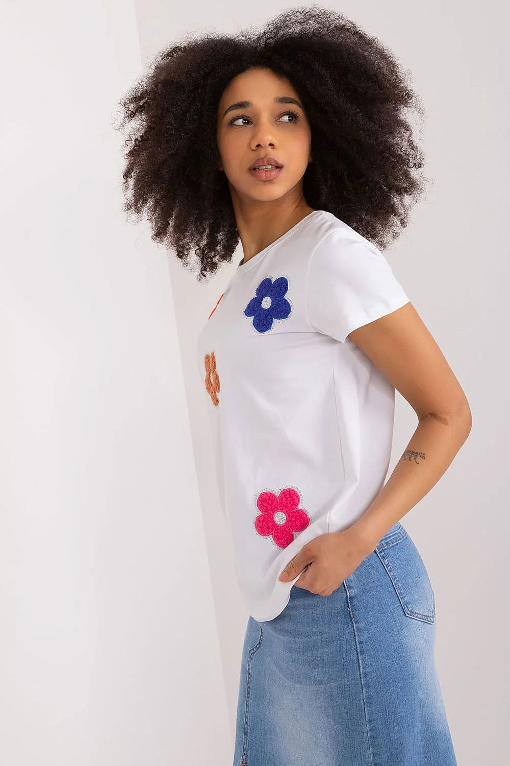 T-shirt femme casual à floral appliqués multicolores coton blend court manches col rond