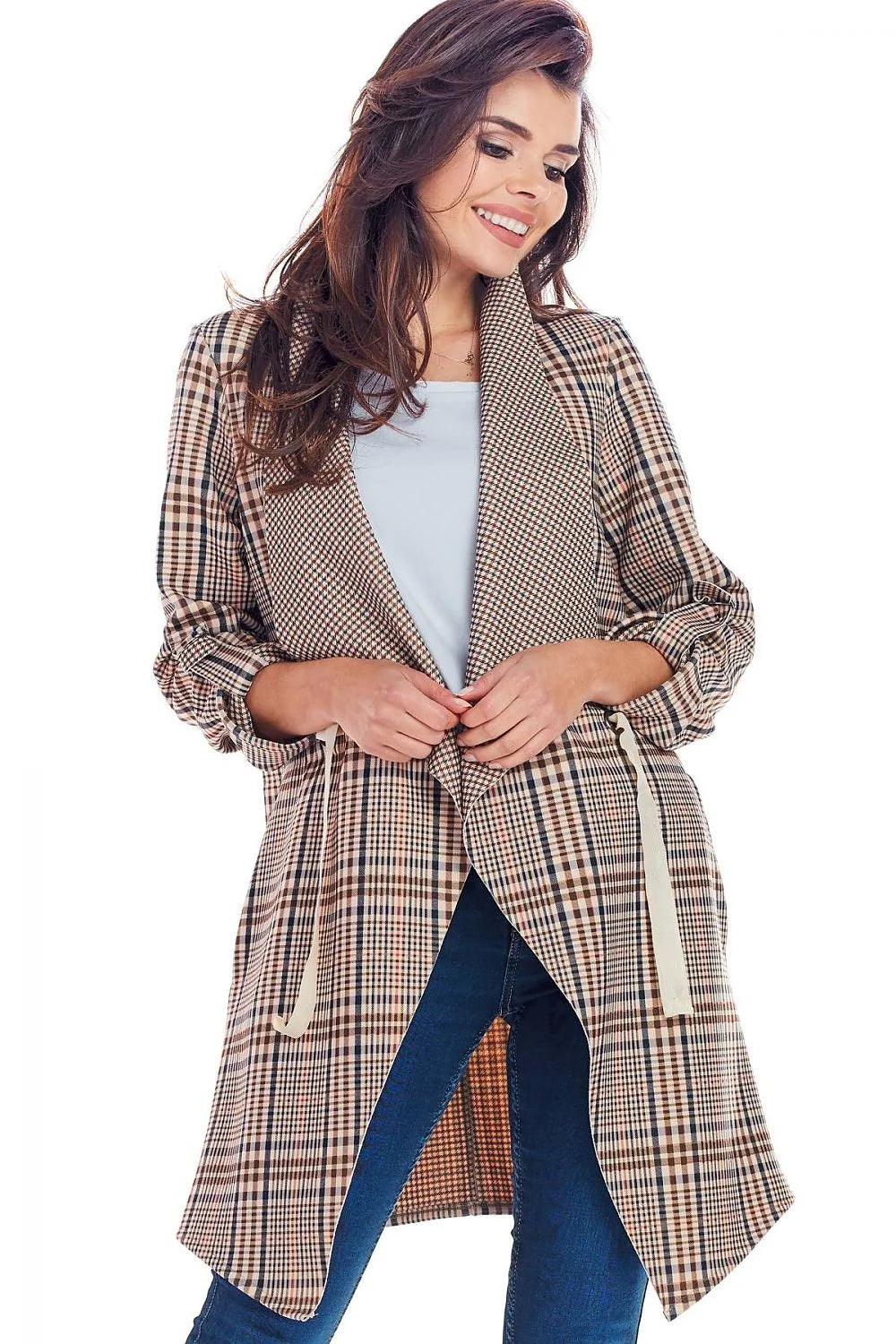 Blazer femme polyester chic moderne à carreaux noir blanc orange ceinture tendance élégant automne
