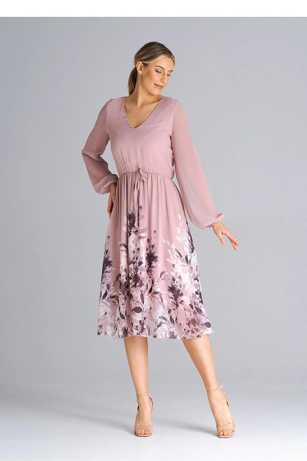 Robe de jour élégante polyester V-neck manches longues élastiquées taille ajustable occasion semi-formelle femmes