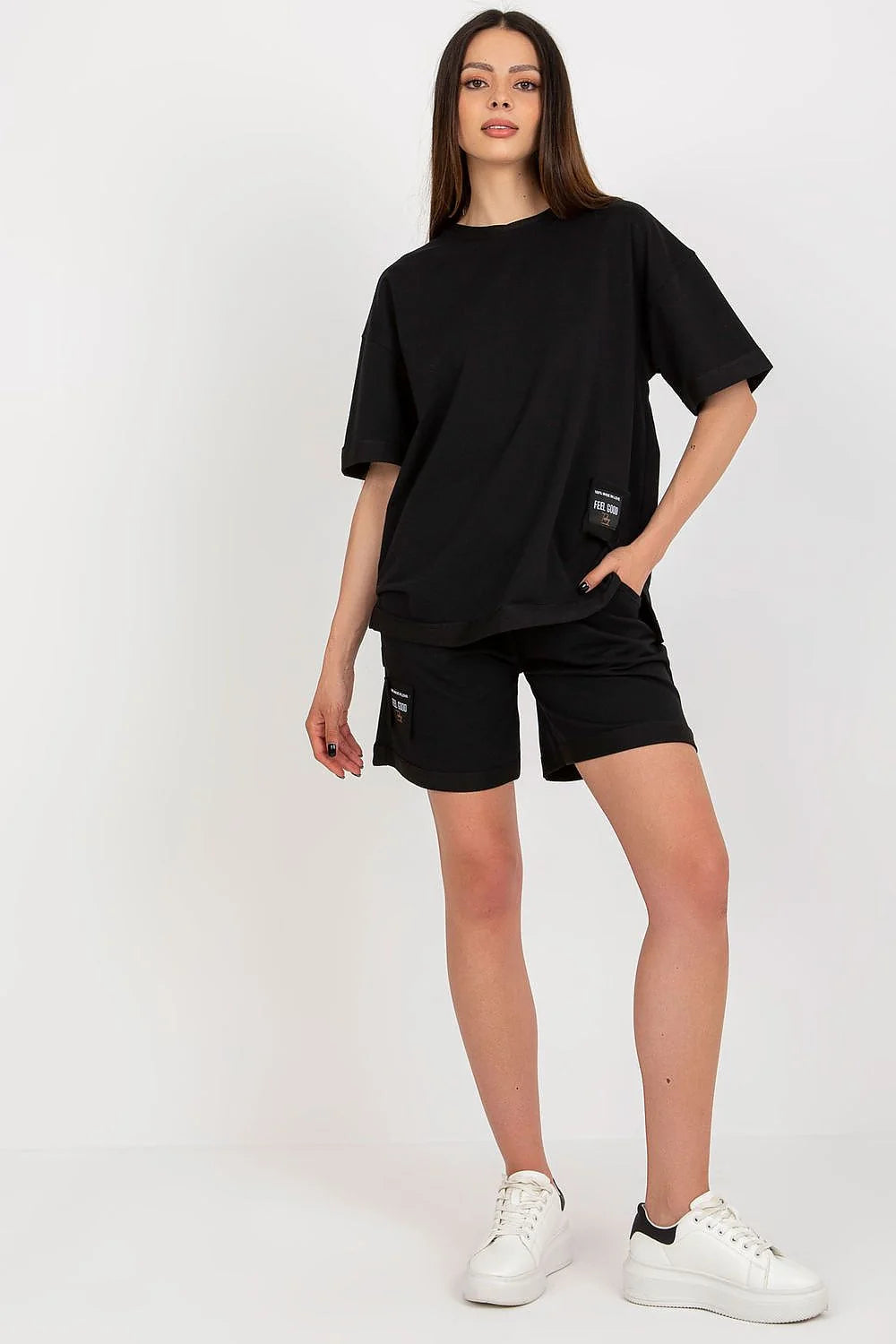ensemble Badu chemisier oversize manches courtes encolure ronde short jersey coton noir coupe droite relax minimaliste sport chic confort décontracté