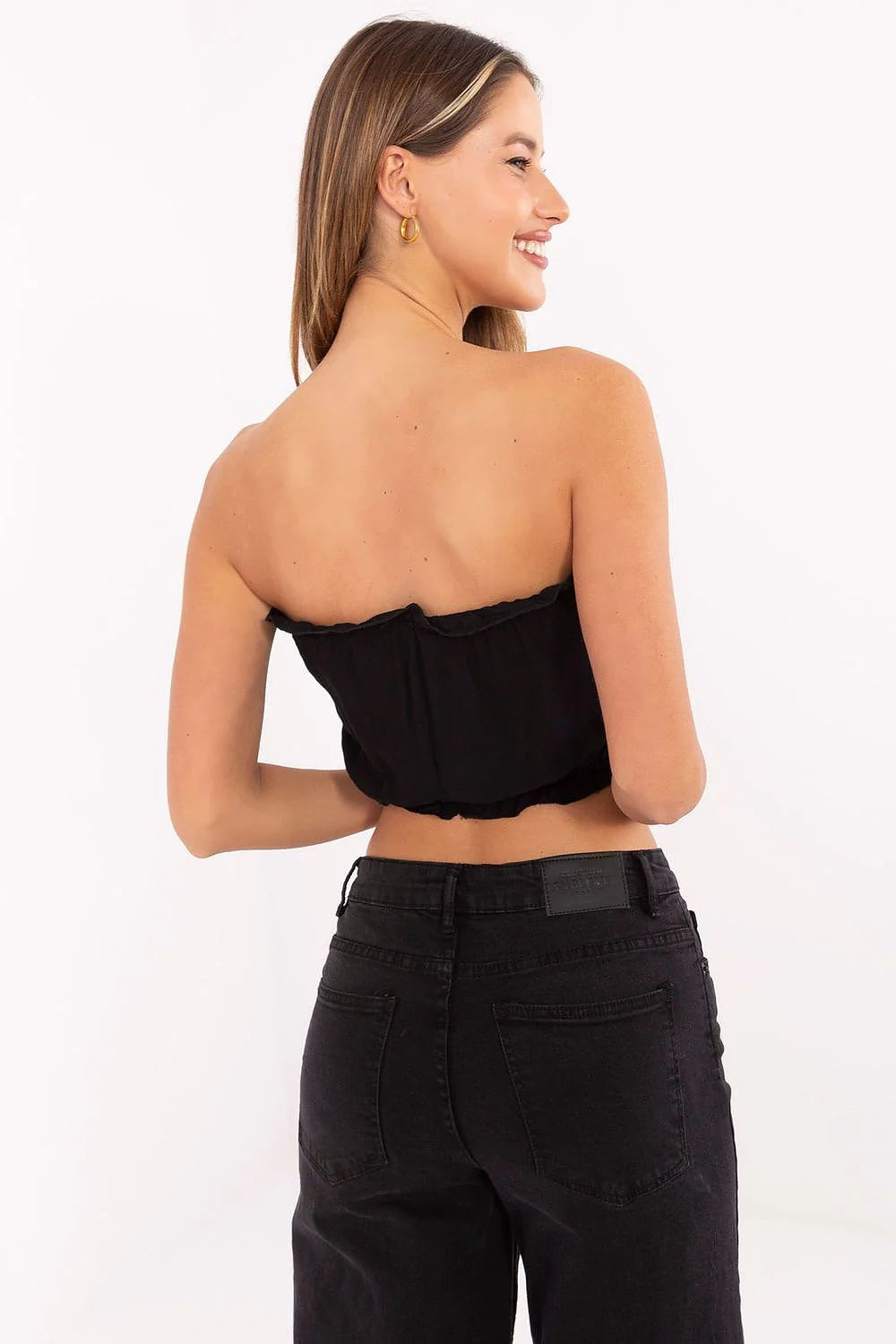 top crop bandeau noir viscose élasthanne jersey extensible ajusté poitrine taille courte froncé volanté maintien confortable