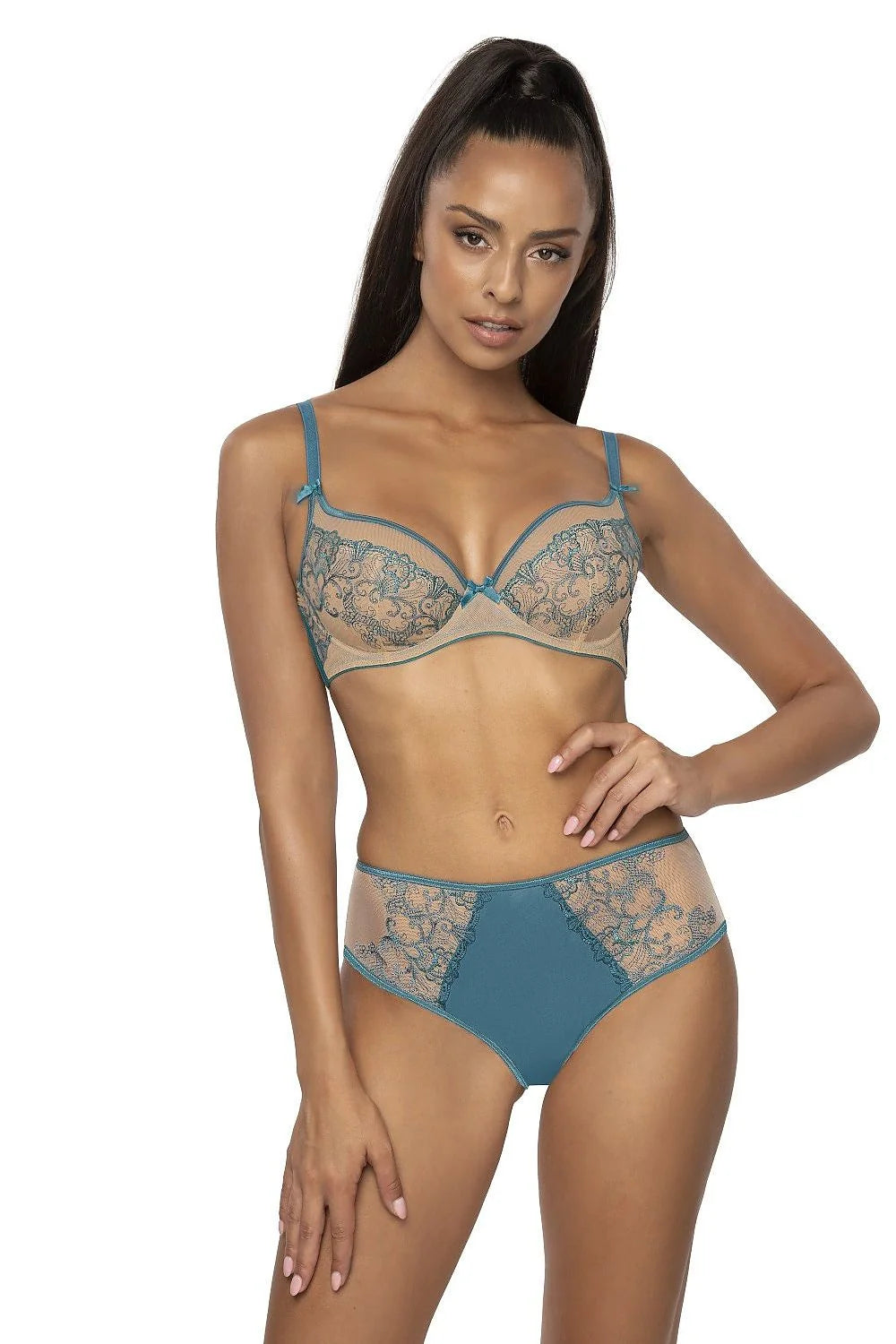 culotte mi haute microfibre beige violette bleu sarcelle dentelle tulle brodée transparente arabesques couvrante panneau central lisse maintien confort élégante