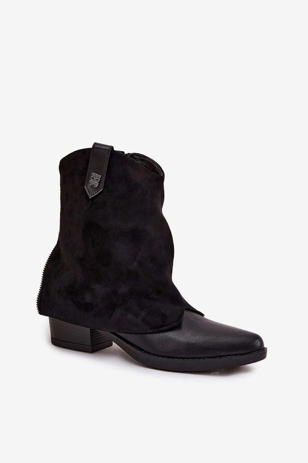 bottines femme noires western moderne bout pointu simili cuir lisse suédine tige froissée talon bas bloc zippée languette logo
