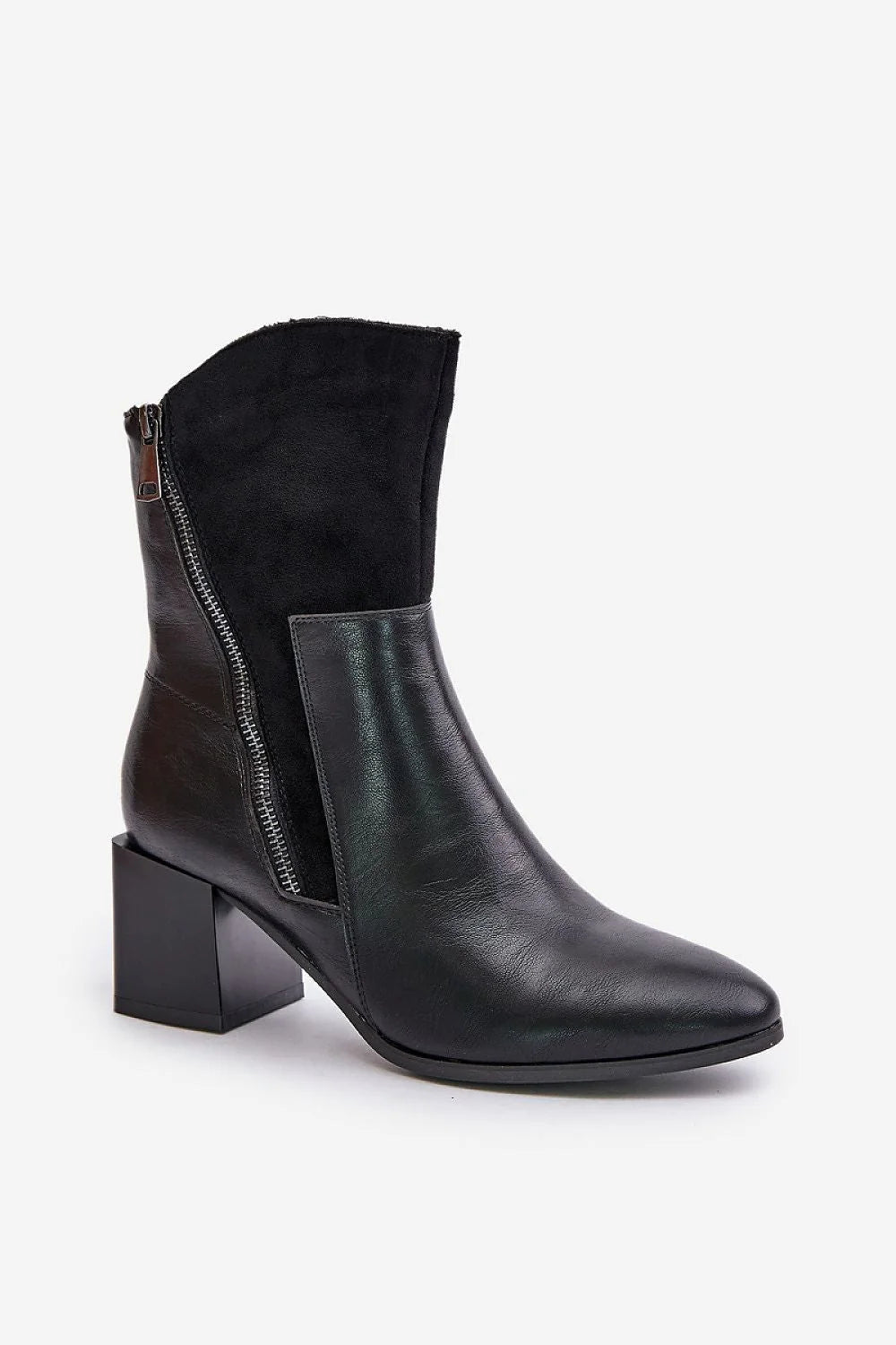 Bottes pour femmes en cuir et daim noir talons block 7 cm chauffe intérieur élégant style moderne coupe ajustée