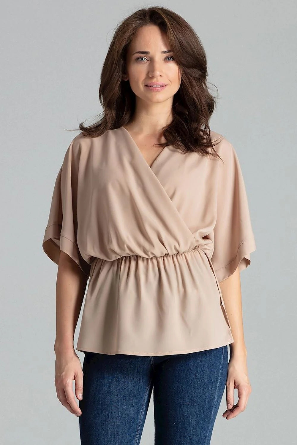 chemisier ample beige Lenitif manches kimono col V cachecoeur élégant tendance femme moderne fluide taille élastique fronces crêpe casualchic blousant