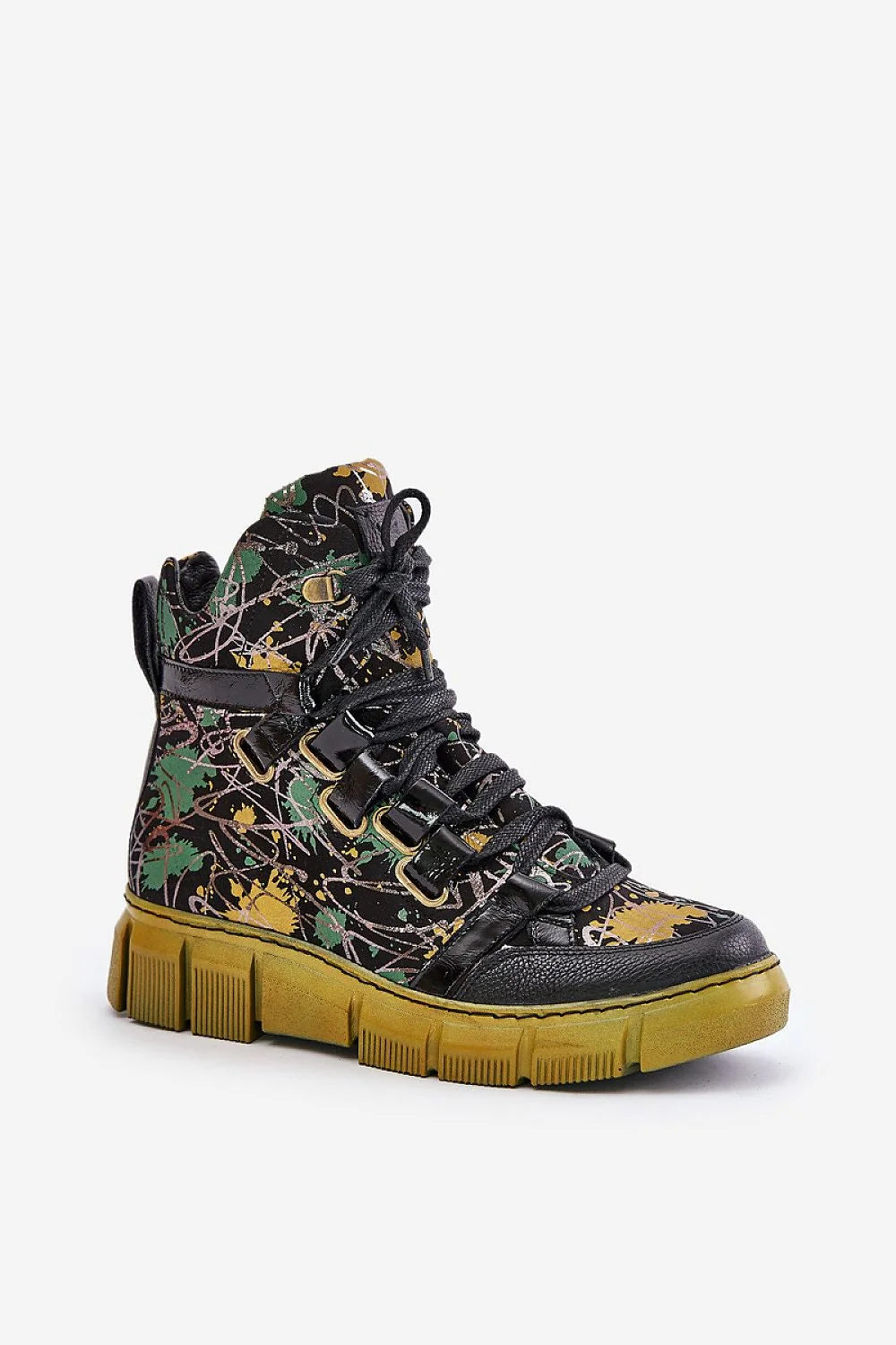 Bottes femmes style urbain artistique design haute cheville cuir naturel motif éclaboussures vert jaune
