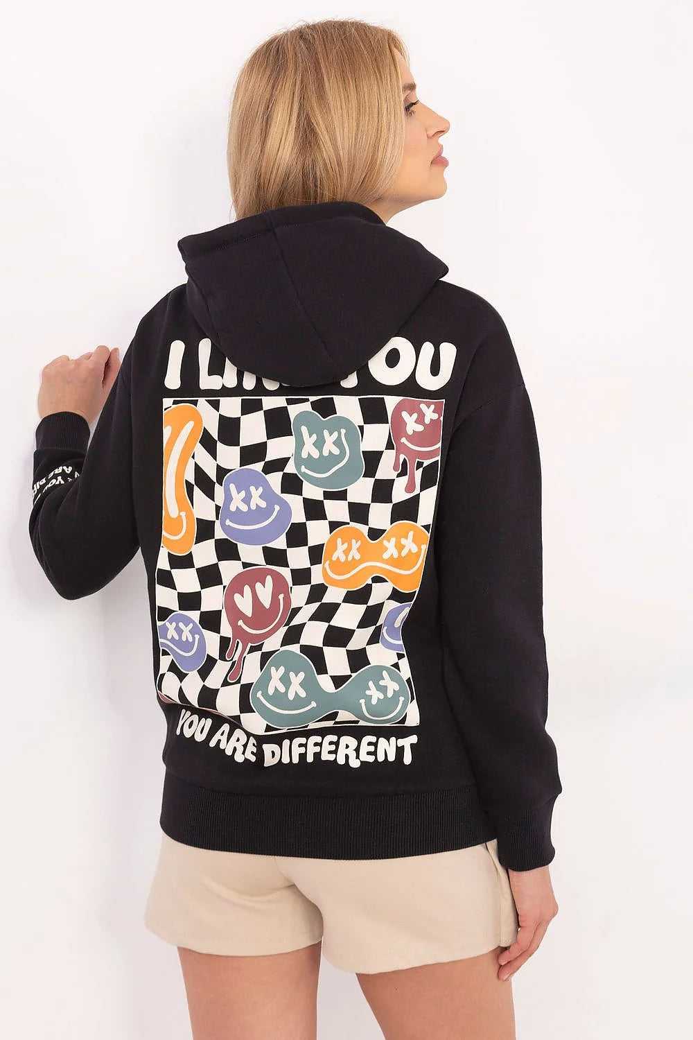 Sweatshirt pour femme à capuche style casual couleur noire motif graphique manches longues coupe ample coton polyester