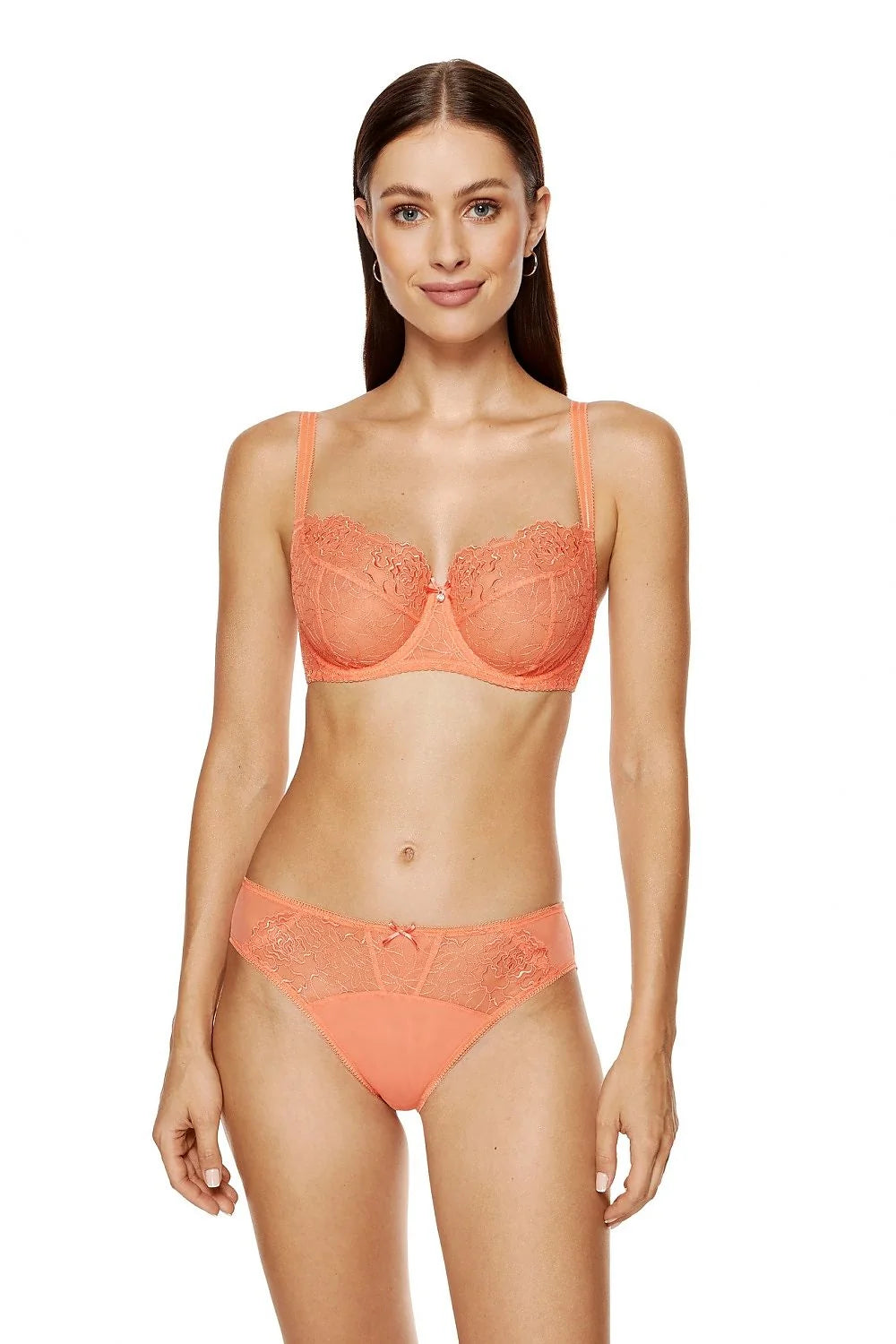 Ensemble de lingerie féminine corail vibrant dentelle florale soutien-gorge armatures culotte classique confort elegance