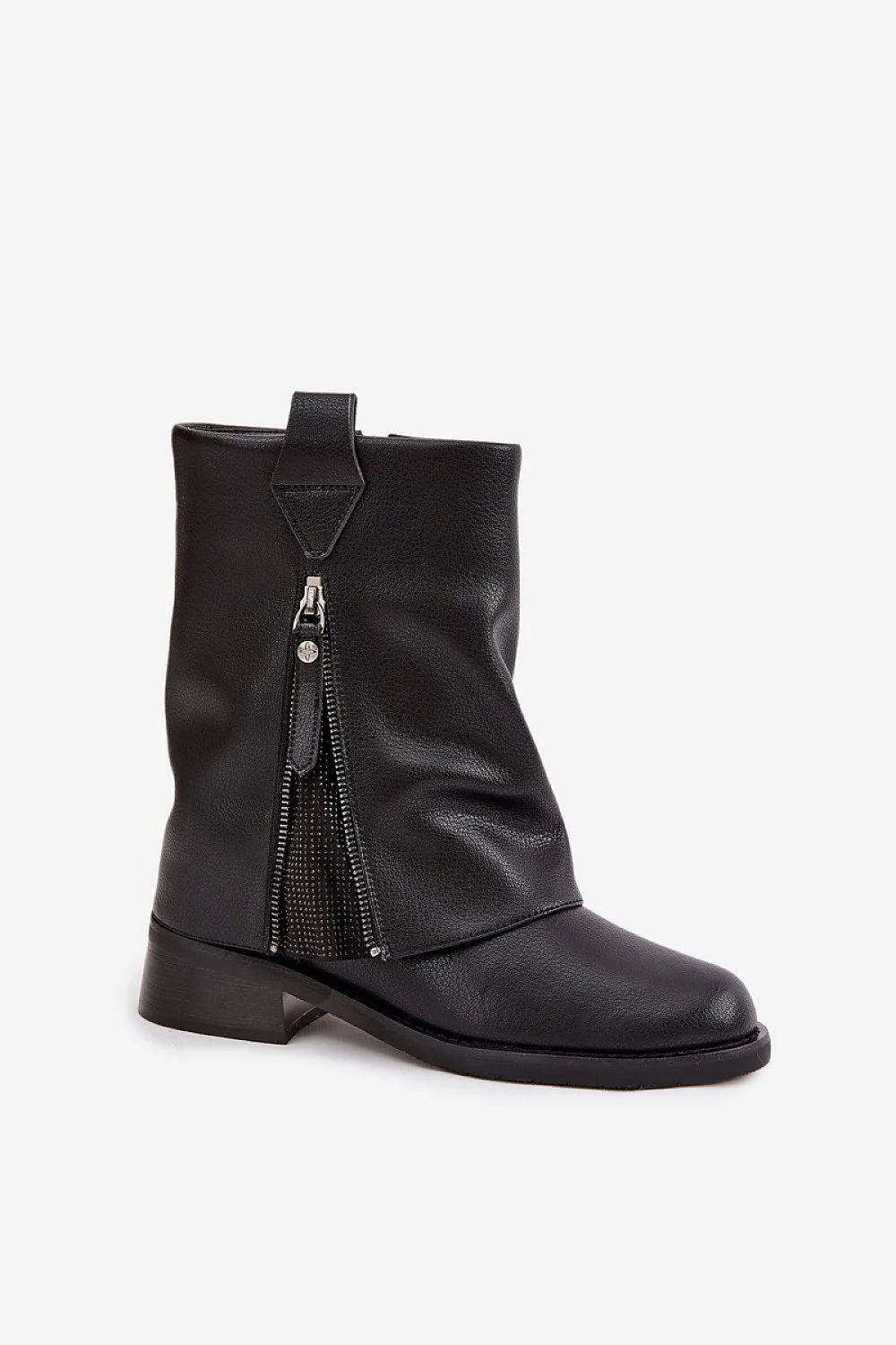 bottines femmes mi mollet cuir naturel tige repliée bout rond talon bloc bas fermeture zippée latérale semelle crantée doublure chaude
