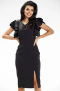 Robe de cocktail élégante noire manches courtes fente décolleté cœur Polyester Élasthanne femmes mariage communion