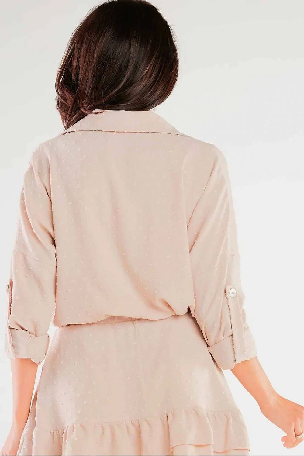 Ensemble chemise et jupe awama élégant en polyester et élasthanne rose pâle motifs pois brodés manches longues revers col femme