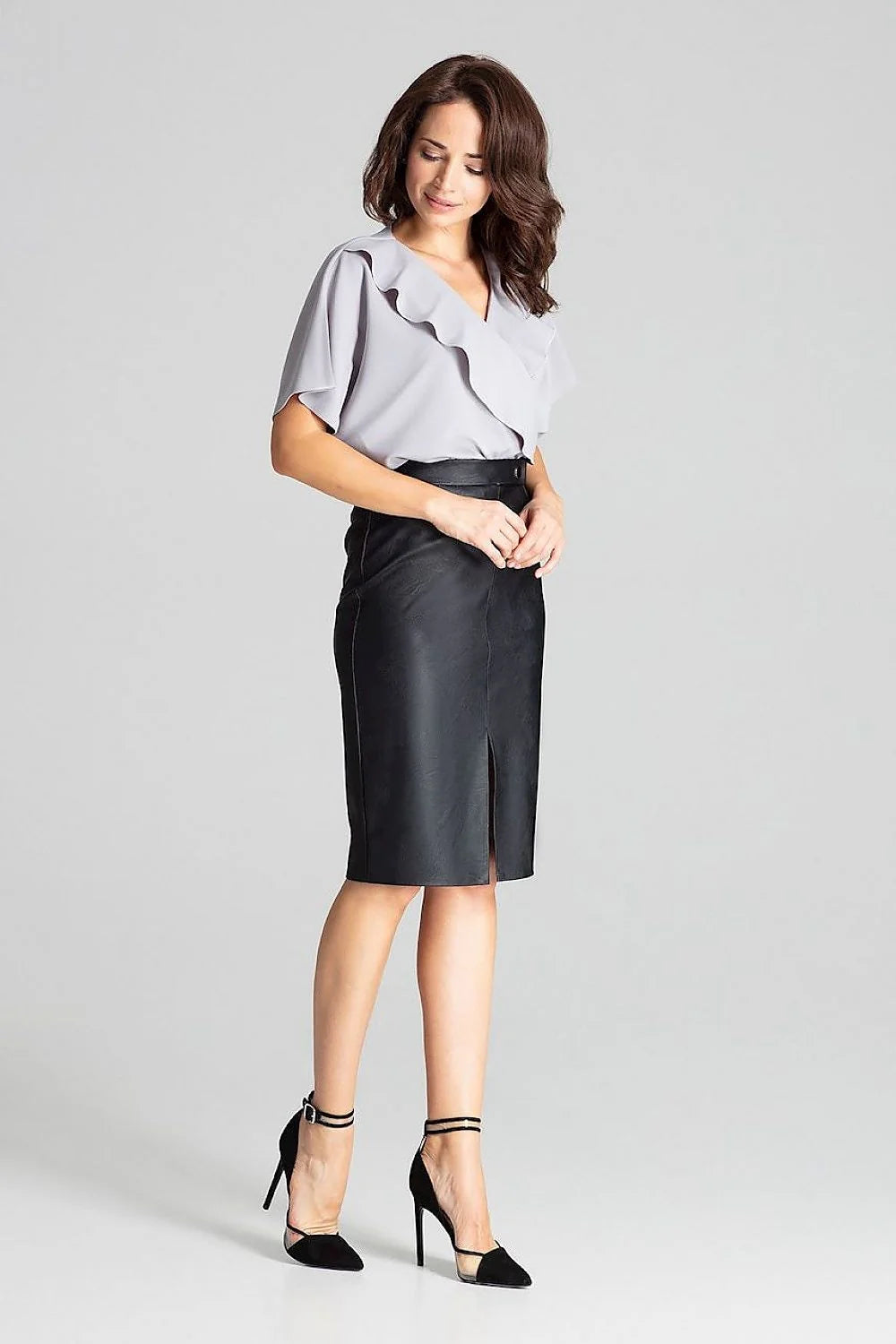 Jupe crayon écologique grise femme taille haute élégante polyester élasthanne fente centrale mode responsable