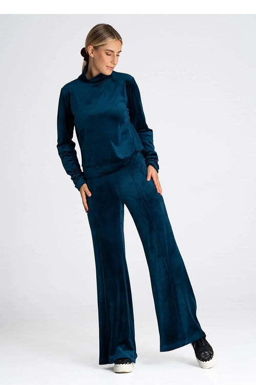 Pantalon velours polyester élasthanne bleu pétrole taille haute coupe évasée jambe large ajustable doux brillant minimaliste confort stretch