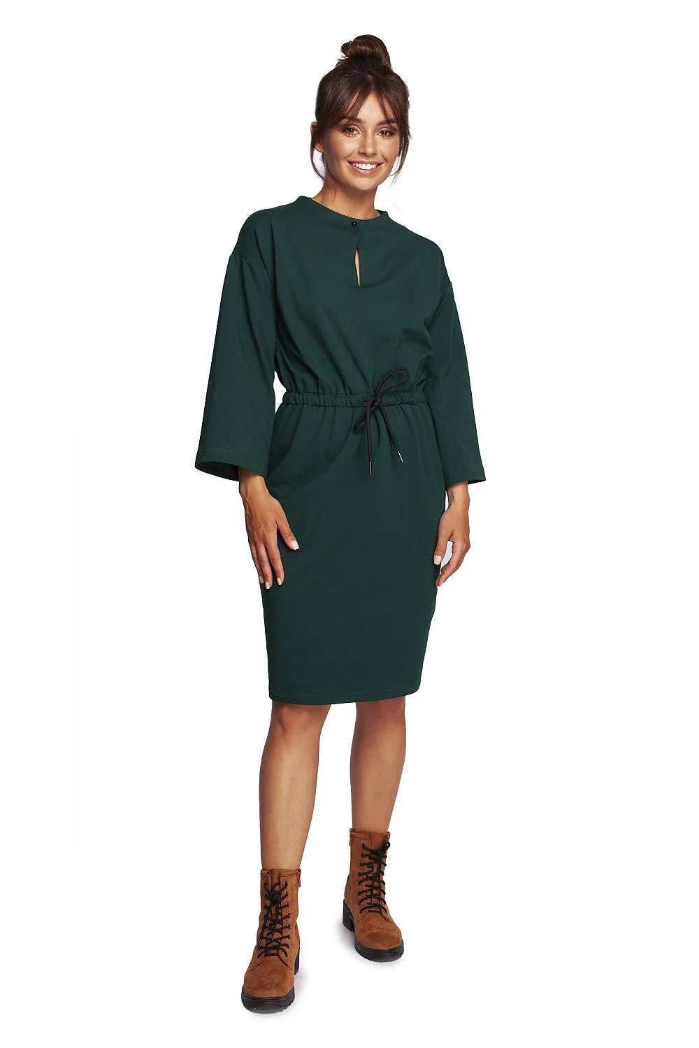 Robe de jour Be Wear élégante en maille douce coupe droite encolure goutte d'eau manches 3/4 taille ajustable coton élasthanne femmes