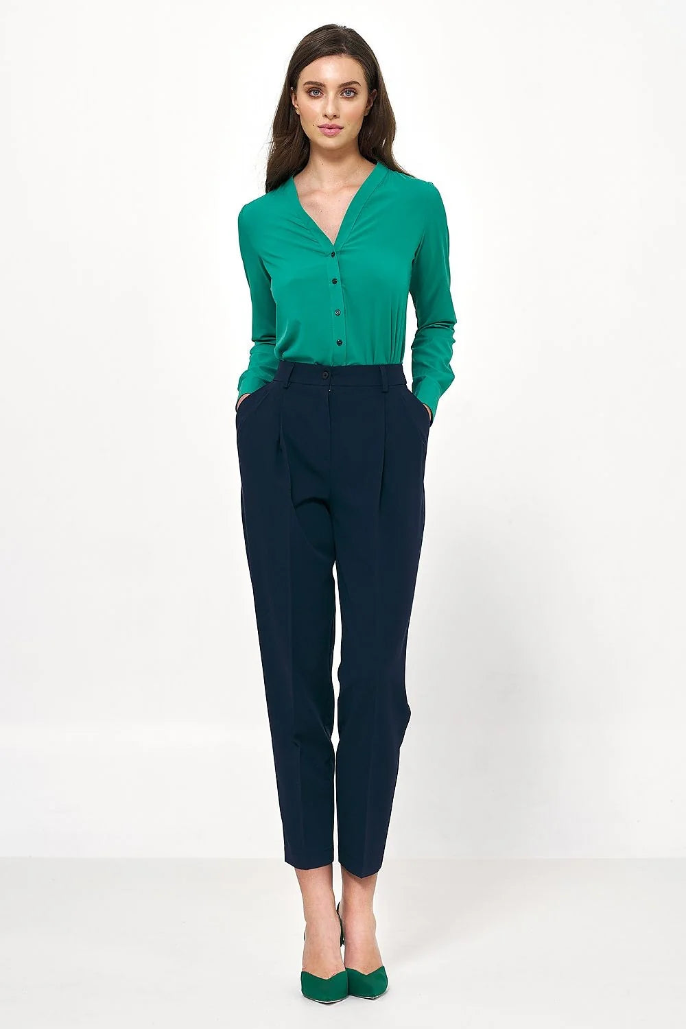 Pantalon femme Nife en viscose polyester taille haute style élégant coupe ajustée bleu marine décontracté