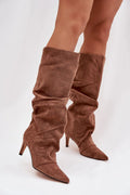 bottes genou suède écologique souple talon fin kitten bout pointu tige plissée ample enfilable doublure fourrure confortable élégante féminine