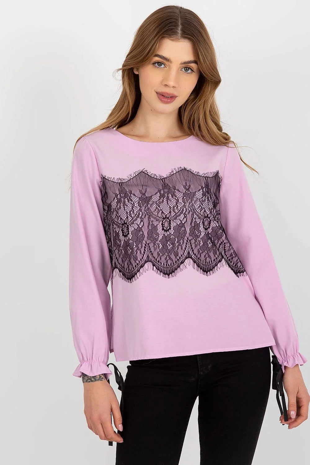 Chemisier Lakerta élégant pour femme manches longues dentelle noire rubans poignets tissu coton 100 % ajusté silhouette