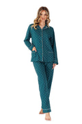 Pyjama féminine élégante en vert émeraude manches longues coupe ample finitions passepoils coton femmes détente nuit