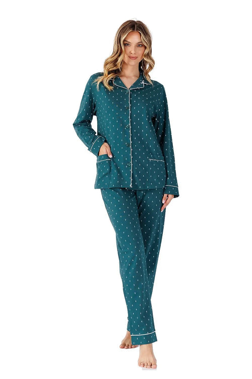 Pyjama féminine élégante en vert émeraude manches longues coupe ample finitions passepoils coton femmes détente nuit