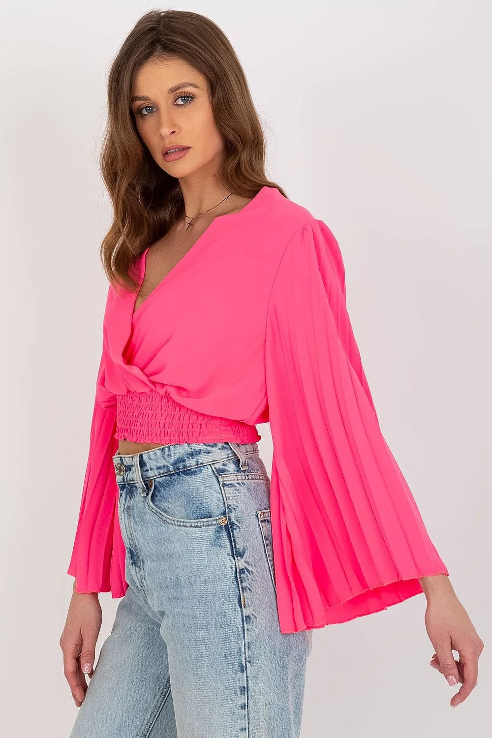 Chemisier femme mode élégant moderne cache-cœur manches longues plissées taille smockée rose vif polyester elasthanne