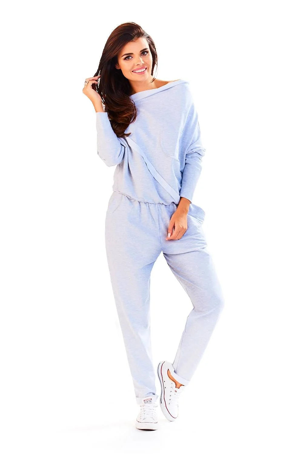 combinaison femme coton élasthanne décontractée moderne ample col bateau manches longues taille élastique poches latérales molletonnée gris anthracite