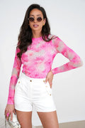 chemisier tulle manches longues imprimé floral rose fuchsia rose pâle encolure ronde ajusté moulant stretch transparent léger estival chic raffiné